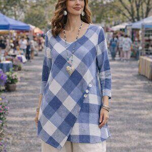 Ali Miles Plaid Linen Cotton Tunic Top M